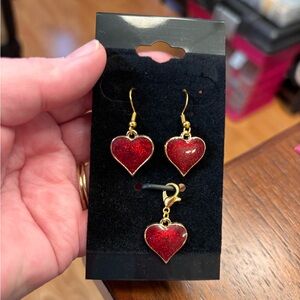 3pc set Fun new handmade Red Heart Drop Earrings w matching charm
